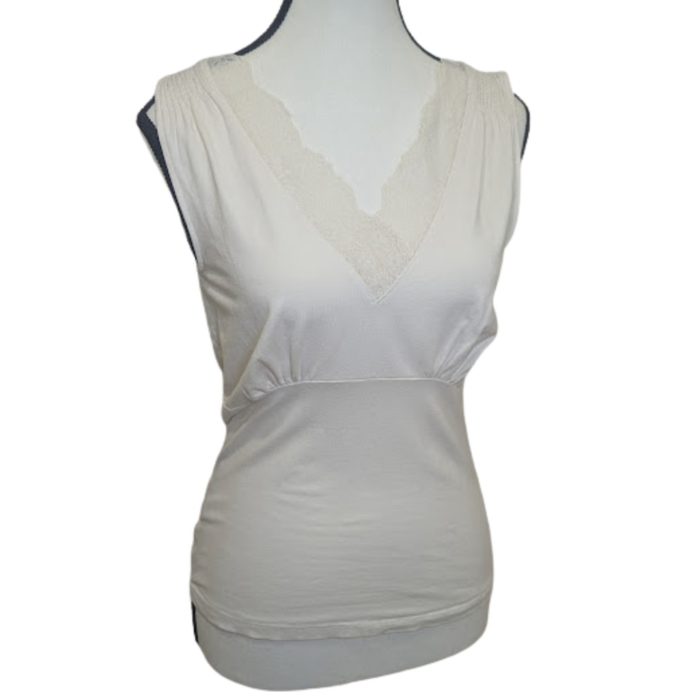 Ann Taylor Lace-Trim Sleeveless Top • Small • Soft Elegant Ivory V-Neck Blouse
